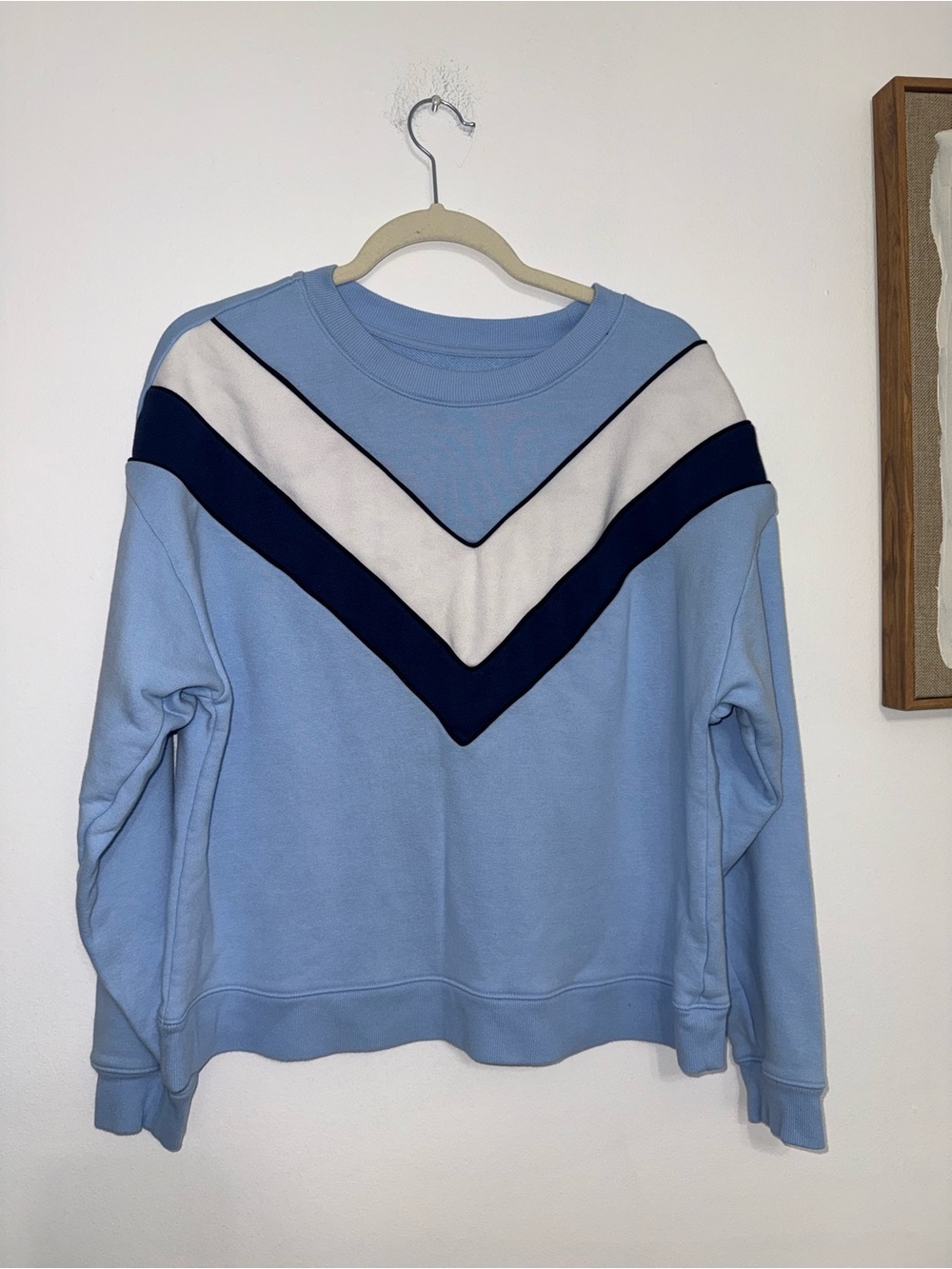 Maeve Light Blue Chevron Crewneck Sweater with Navy & White Stripes